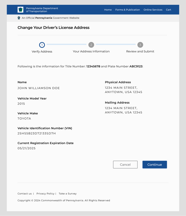 New PennDOT verify address page